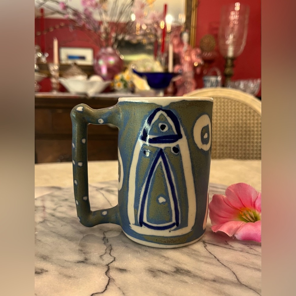 T. Yondo Signed Pottery Mug with Blue & White Graphics and a Square Handle